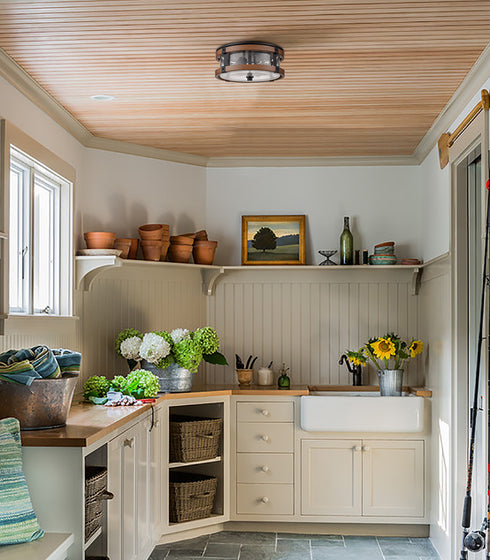 Farmhouse Clear Seeded Glass Ceiling Light Fixture Black+Rustic Wood Grain Finish